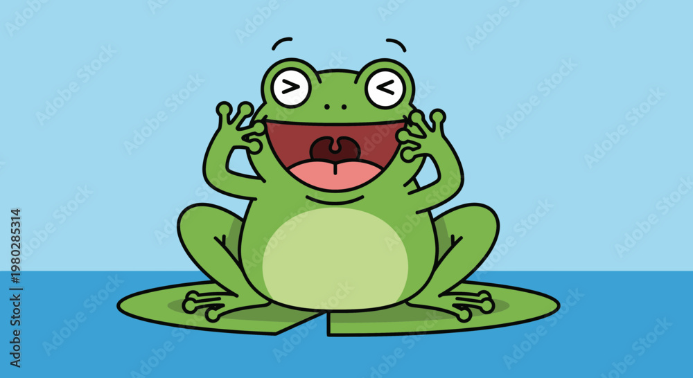 Obraz premium Happy Cartoon Frog Laughing on Lily Pad