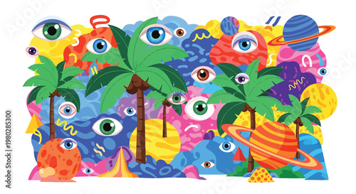 Colorful cartoon eyes on creatures.