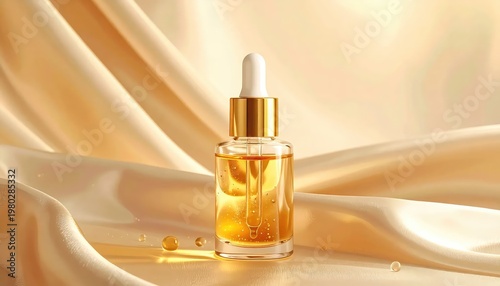A golden serum bottle rests elegantly on flowing, shimmering fabric, showcasing its luxurious contents.