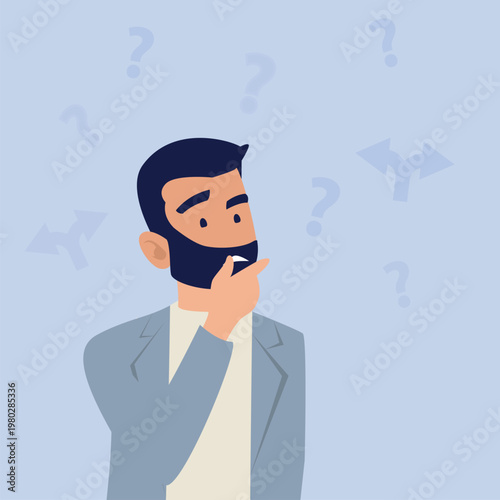 Perplexed man pondering a problem – cartoon vector illustration for confusion and solution concepts.