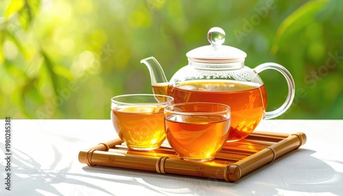 A glass teapot and two cups filled with amber-colored tea rest on a bamboo tray, bathed in sunlight.