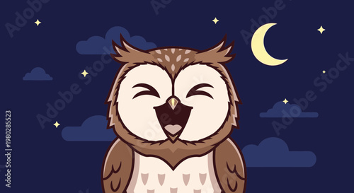 Happy cartoon owl at night with moon and stars, vector illustration