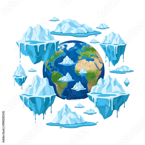 Earth surrounded by melting icebergs globally.