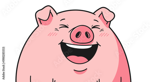 Happy cartoon pig face with closed eyes and big smile, illustration