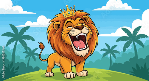 Happy Cartoon Lion King Wearing Crown, Roaring Loudly in Jungle