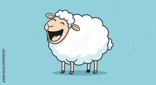 Happy Cartoon Sheep Laughing with Joy on Blue Background