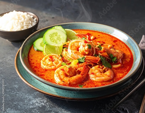 A vibrant bowl of Tom Yum soup with shrimp, lime, and cucumber is presented with a side of fluffy white rice.