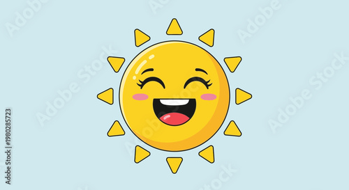 Happy Cartoon Sun Face, Cheerful Sunshine Character with Smiling Eyes and Rosy Cheeks