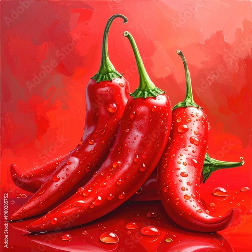 A vibrant, close-up image showcases a cluster of bright red chili peppers glistening with water droplets against a textured, monochromatic red background.