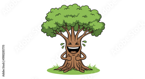 Happy Cartoon Tree Laughing Out Loud with Joy, Funny Face