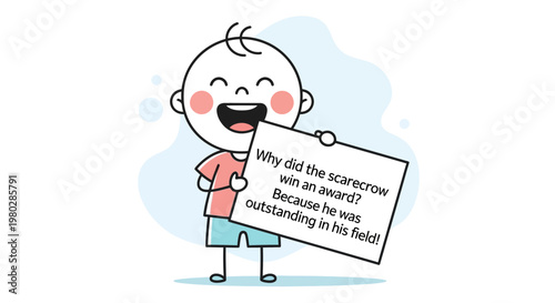 Happy Child Holding Joke Card: Why did the scarecrow win an award? Outstanding in his field!