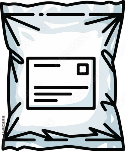 Mailer bag icon with shipping label, plastic courier envelope illustration