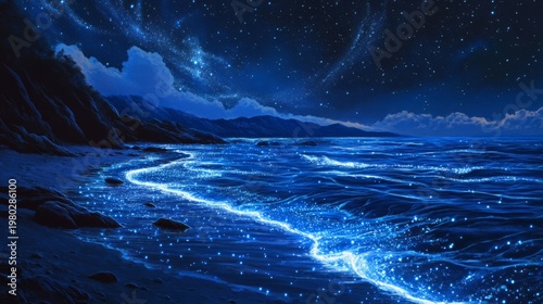 bioluminescent island shoreline at night, glowing blue waves, generative ai