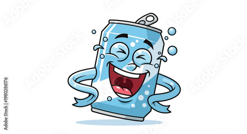 Happy Soda Can Character Laughing with Bubbles
