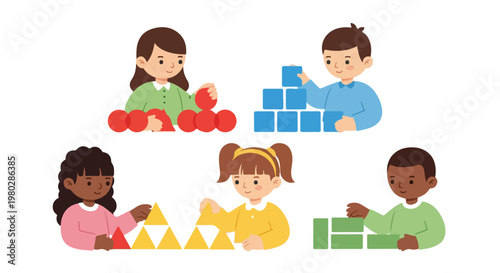 Five diverse young children are happily engaged in learning and playing with various colorful geometric blocks of different shapes and sizes.