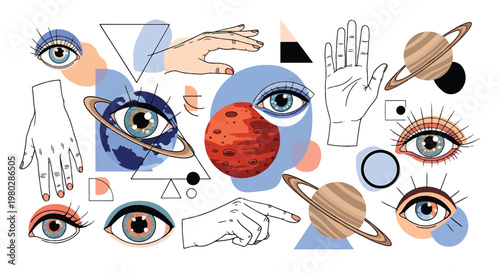 Eyes and hands in illustration style.