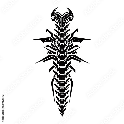 A detailed, stylized black and white illustration resembling an intricate insect or biomechanical spine with sharp, angular protrusions and horn-like elements.