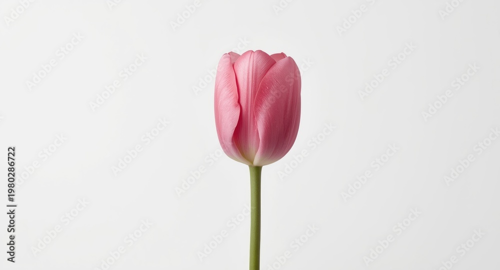 Fototapeta premium Pink tulip flower head standing alone on minimal white surface