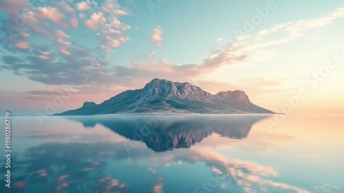 calm island lagoon at sunrise, mirror-like reflections, pastel sky tones, generative ai