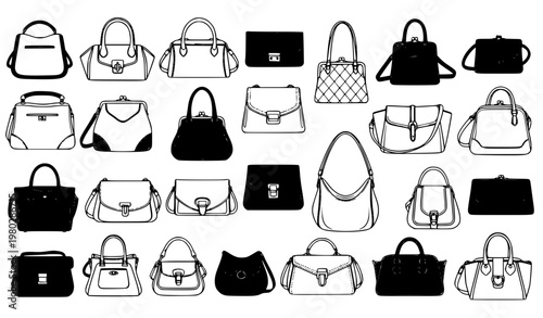 Complete women bags icons black and white vector set with handbag and clutch collection
