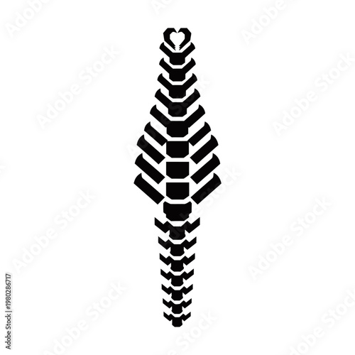 Abstract black and white illustration of a stylized spine or segmented organism with symmetrical rib-like structures.