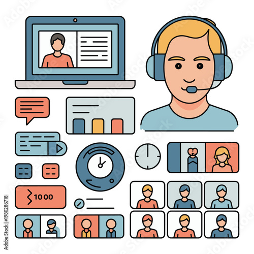 Illustrated depiction of a virtual call center agent interacting with clients and tools