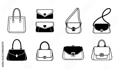 Minimal women bags icons black and white vector set with handbag and clutch design