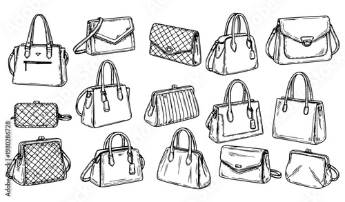 Women bags doodle icons black and white vector set with handbag and clutch sketch
