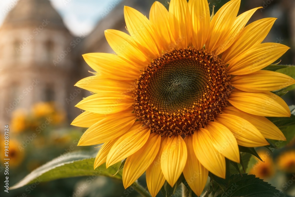 Fototapeta premium Close up view of a sunflower with a blurred architectural background