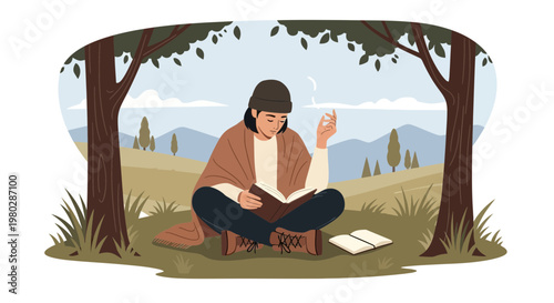 Person Reading Book Outdoors Under Trees in Cozy Autumn Landscape