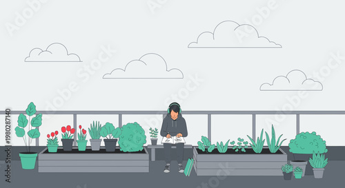 Person gardening on a rooftop terrace with plants and clouds in the background.