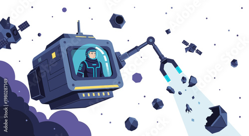 Pixel Art Astronaut in Space Mining Asteroids with Robotic Arm