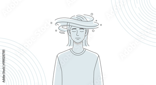 Person With Swirling Thoughts Above Head, Mental Health Concept