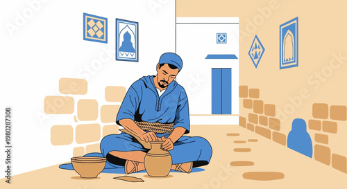 Potter working clay on traditional street, artisan craft, handmade pottery