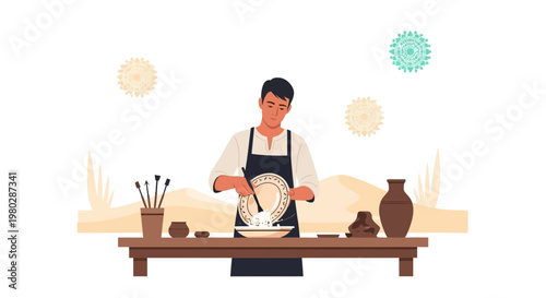 Potter working with clay on a pottery wheel, crafting ceramic art in a studio