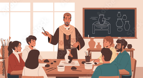 Pottery Class: Instructor Teaches Students Ceramic Art at Workshop