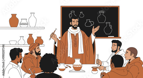 Pottery Class: Teacher Instructing Students in Ancient Ceramic Art