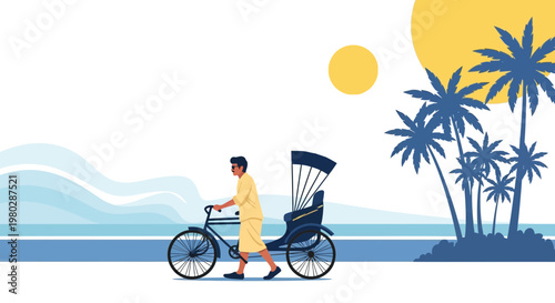 Rickshaw Driver Pushing Vehicle on Beach with Palm Trees and Sun