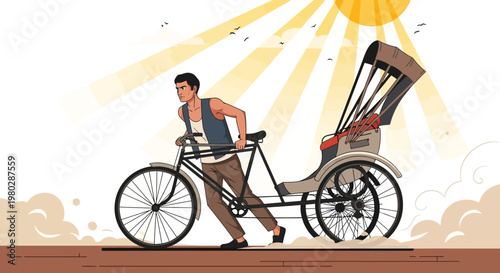 Rickshaw driver pushing vehicle on dusty road under hot sun, illustration