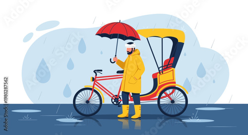 Rickshaw driver with umbrella in rain, monsoon season, yellow raincoat, street transport