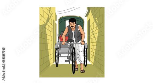 Rickshaw Puller in Narrow Street, Traditional Transport and Daily Life in Asia