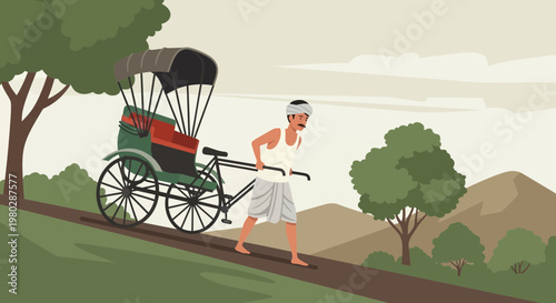 Rickshaw Puller Pushing Vehicle Uphill on a Rural Road