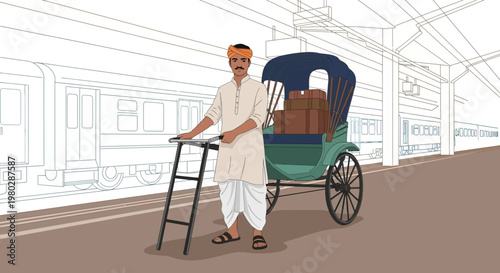 Rickshaw Puller with Luggage at Train Station Platform, India