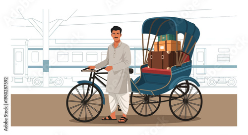 Rickshaw Puller with Luggage at Train Station, Vintage Transport, India