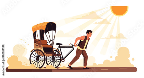Rickshaw puller working hard under the hot sun, pulling a traditional rickshaw.