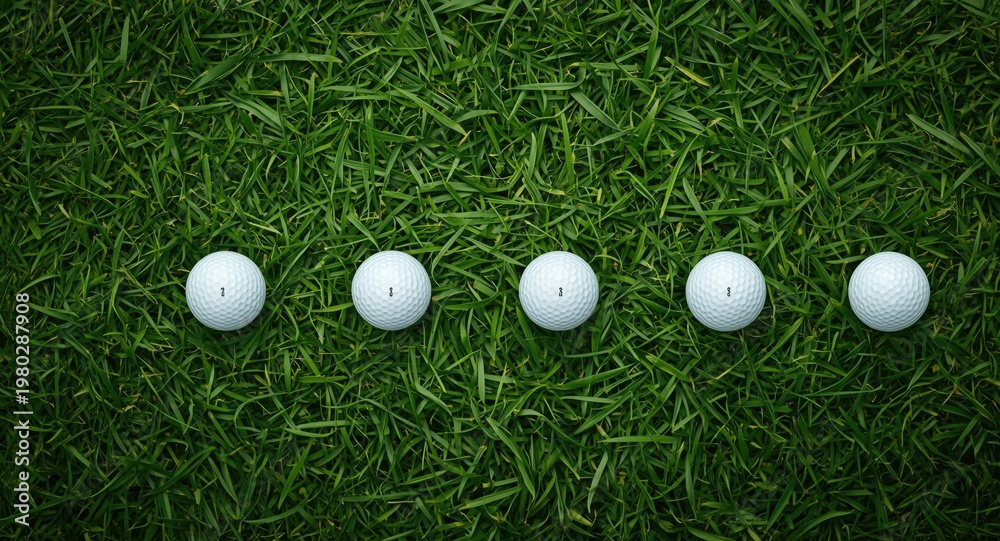 Naklejka premium White golf balls lined up on healthy green grass with generous copy space