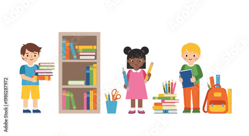 Three diverse children are standing happily among various school supplies, including books, pencils, and a bookshelf, ready for their education.
