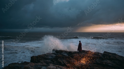 A solitary figure in a tattered coat stands on a jagged coastal cliff as towering waves crash below. Sparks of fire whirl around the person, carried by the wind, creating a surreal, luminous contrast