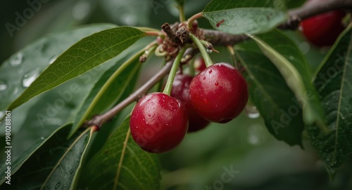 Macro shot capturing wild cherries growing on natural branches