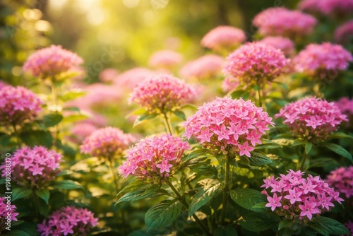 Perennial plant with pink star shaped blooms flourishing in bright late summer light